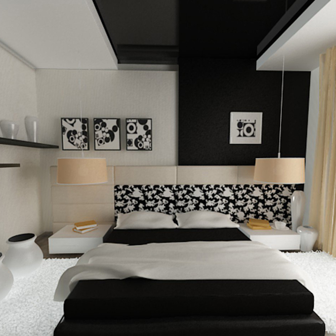 черные натяжные потолки в интерьере фото спальня
